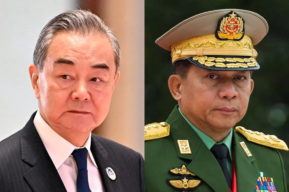 The meeting in the capital Naypyidaw was the first between China's Mr Wang Yi (left) and Myanmar General Min Aung Hlaing.