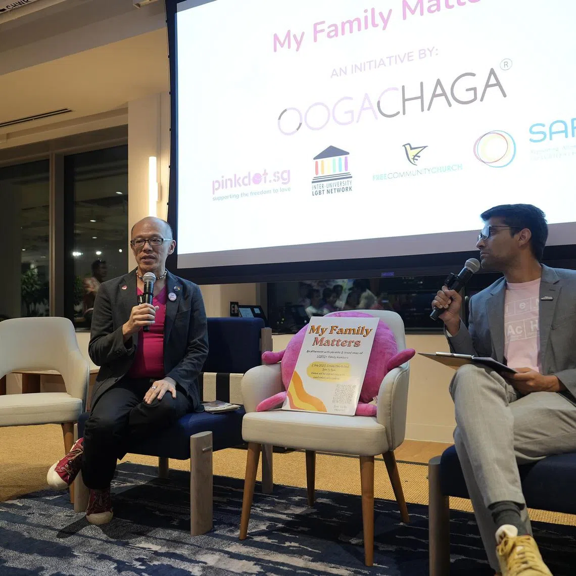 Counselling and support group Oogachaga’s executive director Leow Yangfa (left) shared about My Family Matters, a new informal support group initiative for family members of lesbian, gay, bisexual, transgender and queer (LGBTQ+) people.

Photo Credit: Pink Dot SG