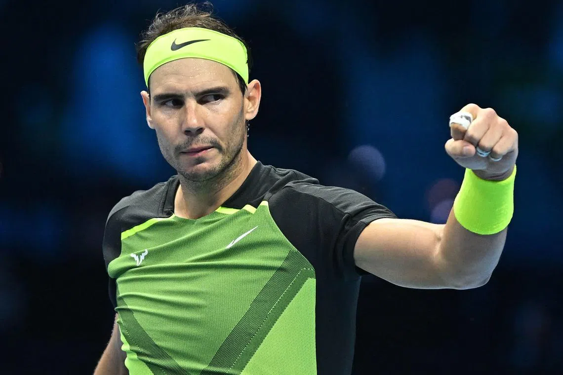 Spain's Rafael Nadal celebrating after defeating Casper Ruud of Norway in their group match at the ATP Finals in Turin on Nov 17.