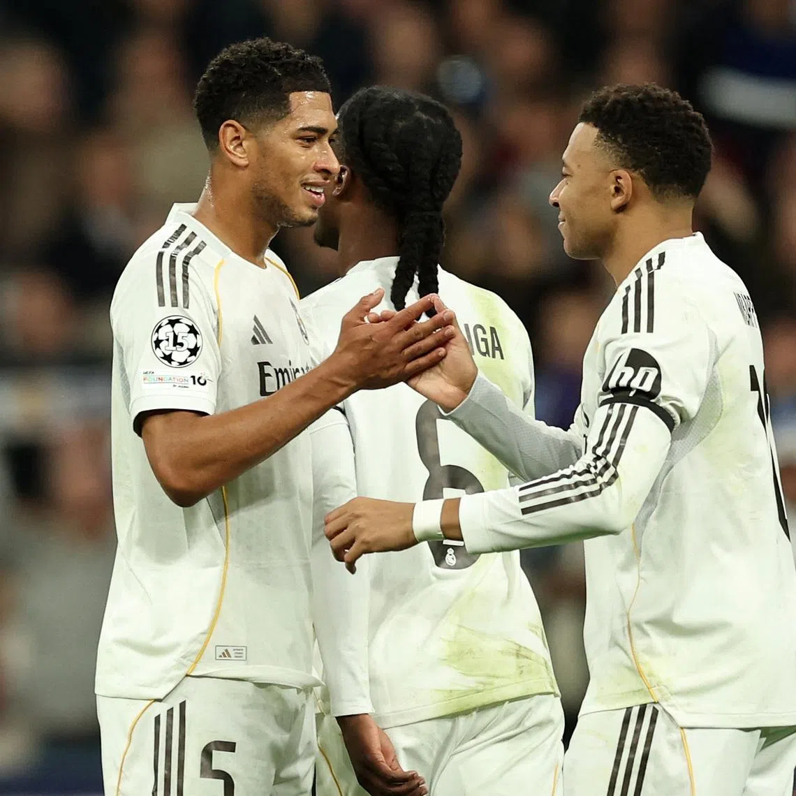 Soccer Football - UEFA Champions League - Real Madrid v AS Monaco - Santiago Bernabeu, Madrid, Spain - January 20, 2026 Real Madrid's Kylian Mbappe celebrates scoring their second goal with Jude Bellingham REUTERS/Violeta Santos Moura