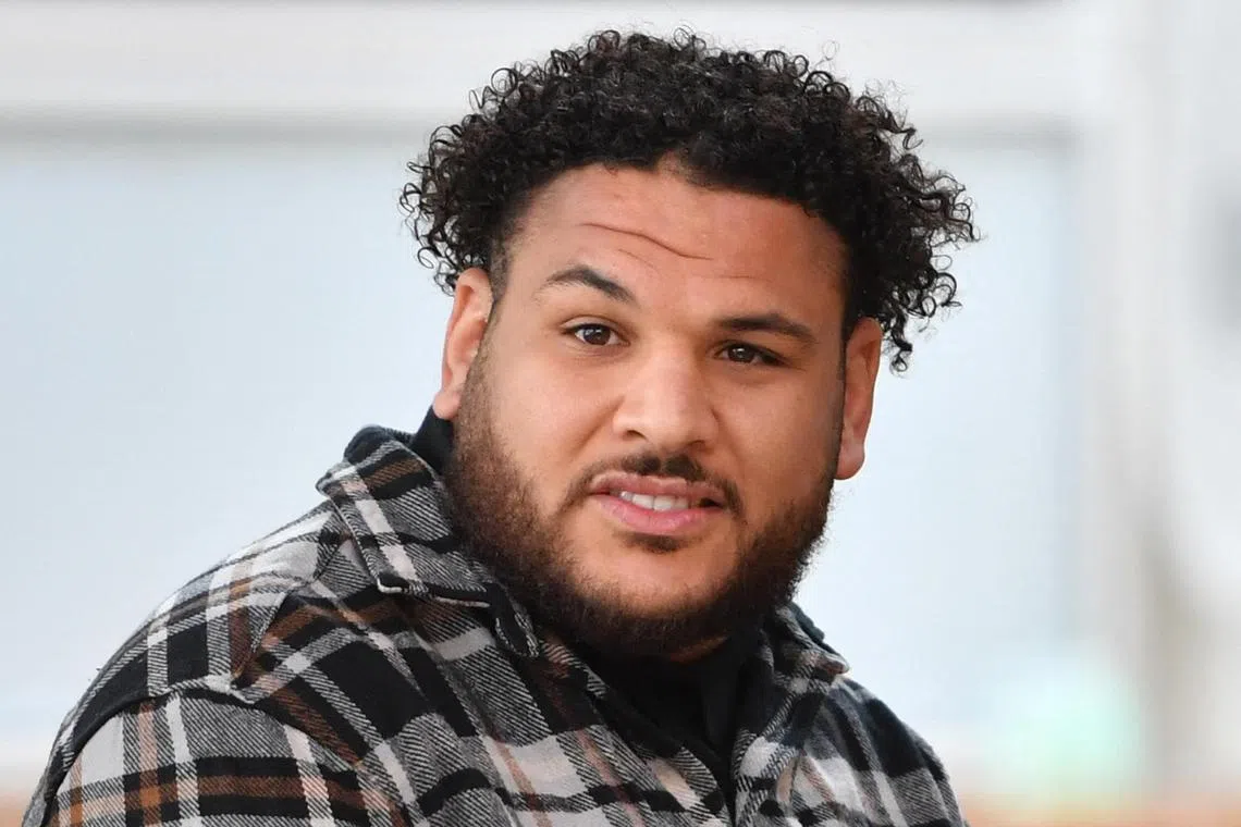 France international rugby player Mohamed Haouas arriving for his trial for willful violence and destruction of equipment in a meeting at the courthouse in Montpellier, southern France, on May 12, 2023. 