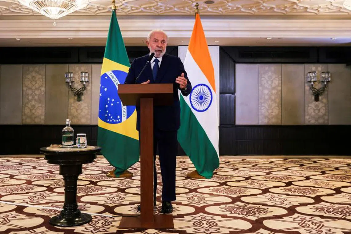 FILE PHOTO: Brazil's President Luiz Inacio Lula da Silva speaks during a press conference at a hotel after the G20 Summit, in New Delhi, India, September 11, 2023. REUTERS/Anushree Fadnavis/File Photo