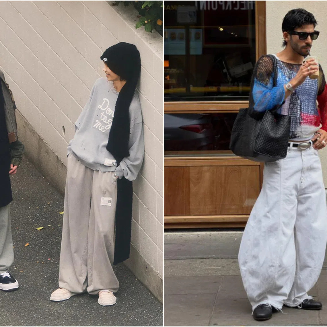 Outfits from Maison Mihara Yasuhiro (left) and content creator Olaf Hernandez (right), a proponent of the “messy boy” aesthetic.