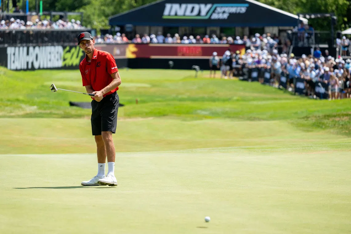 Aug 17, 2025; Indianapolis,IN, United States; David Puig Fireballs GC misses a putt on the 11th hole during the final round of LIV Golf Indianapolis. Mandatory Credit: Marc Lebryk-Imagn Images