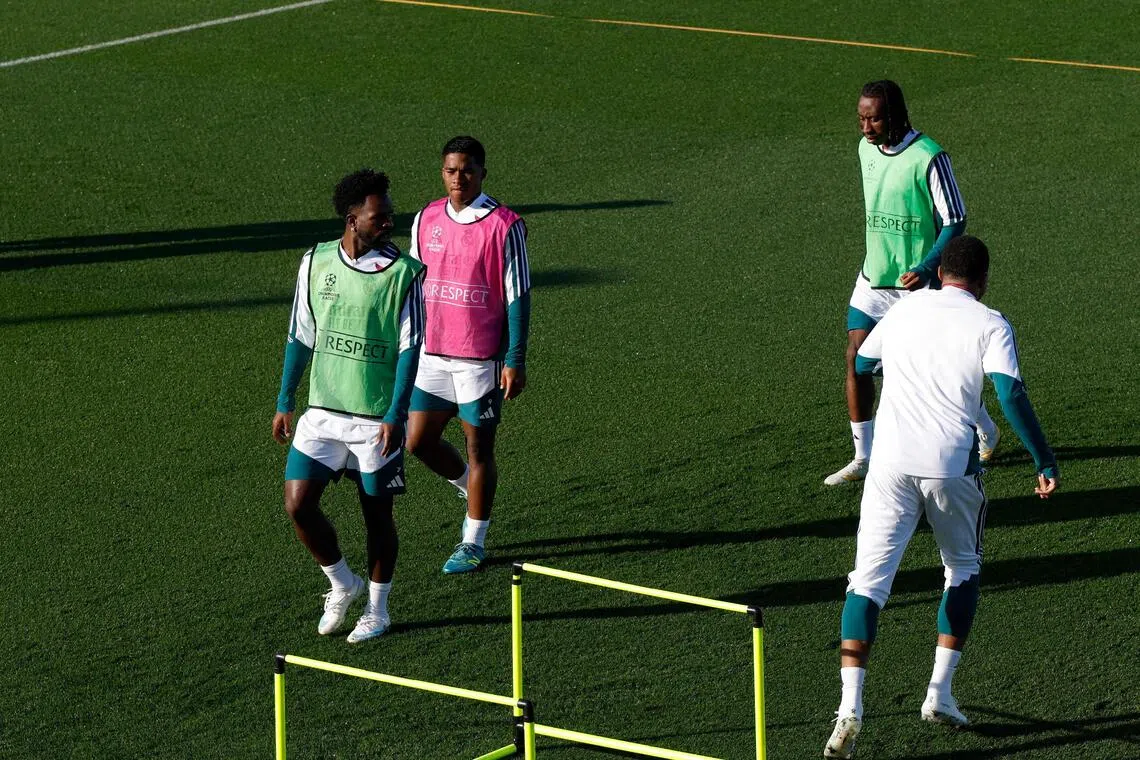 Real Madrid’s Vinicius Jr (left) and Yan Diomande (right) at training on Oct 20.