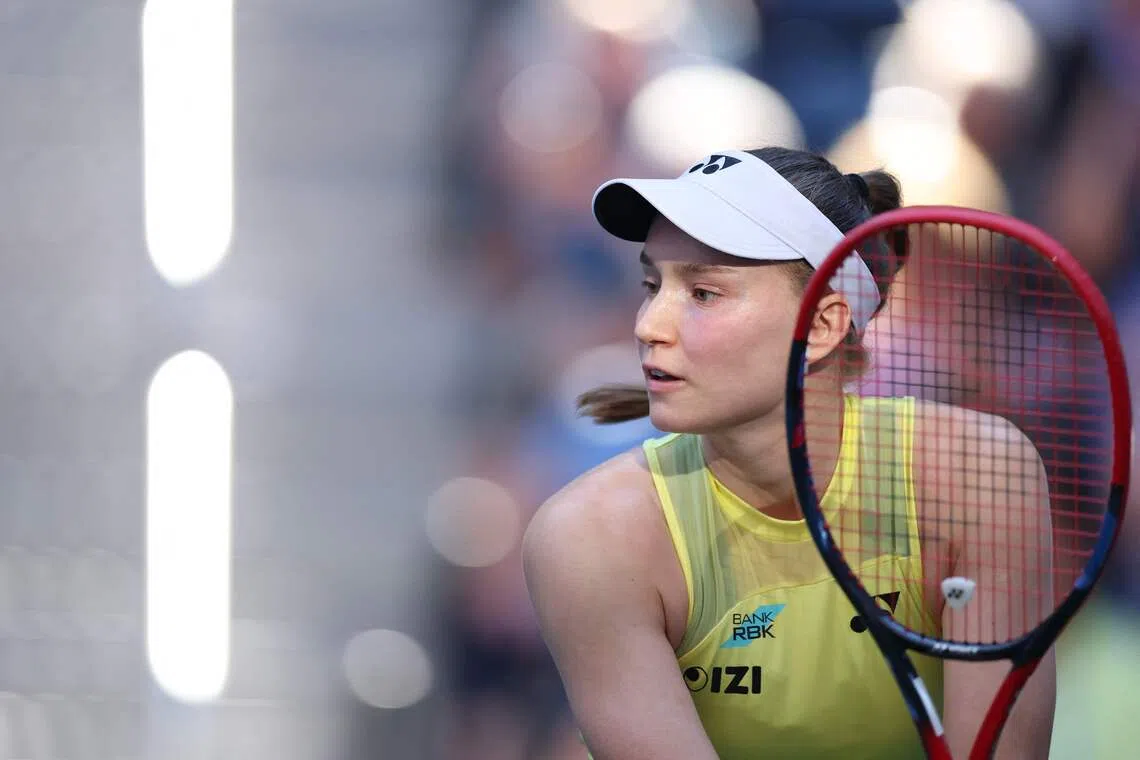 Kazakhstan’s Elena Rybakina returns a shot against Japan’s Naomi Osaka during their Women’s Singles fourth round match at the 2026 US Open on Sept 7.