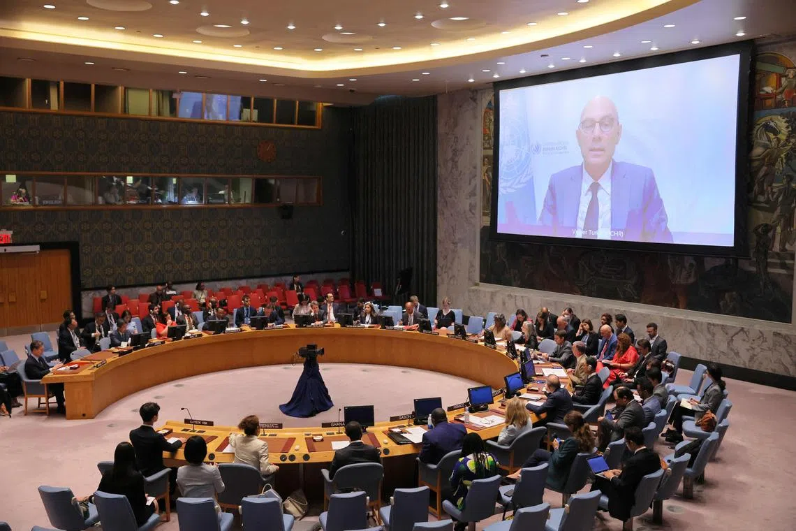 Members of the UN Security Council meeting listen as United Nations High Commissioner for Human Rights Volker Türk speaks during a meeting on the situation in North Korea. 