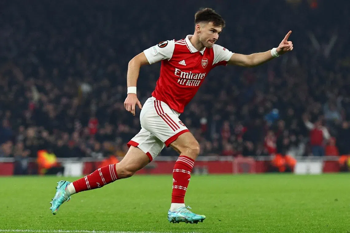 Kieran Tierney celebrates scoring for Arsenal.
