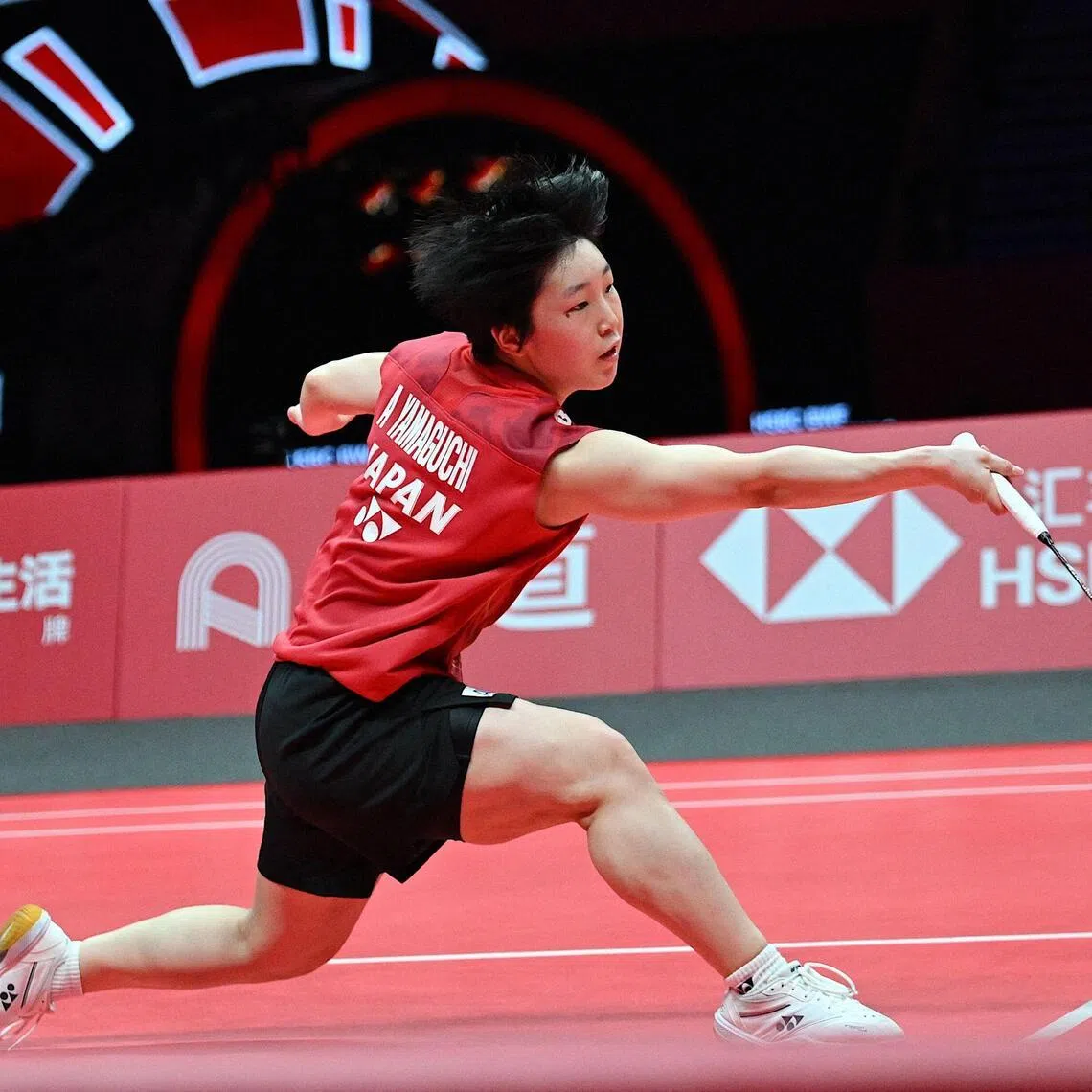 Japan’s Akane Yamaguchi in action during her women's singles semi-final match against South Korea’s An Se-young at the BWF Badminton World Tour Finals in December 2025.