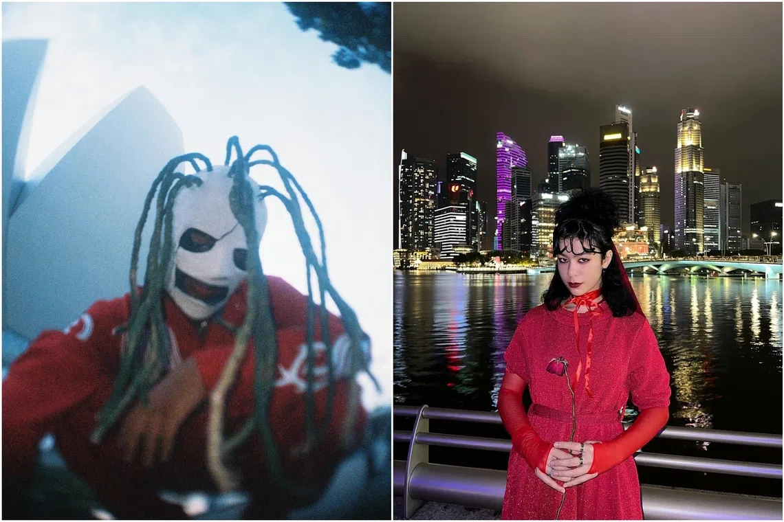 Mr Kiran Kumaran Pillay (left) dressed as Corey Taylor, the lead vocalist of the heavy metal band Slipknot. Ms Sayang Alabama Adam McCallum (right) dressed as Lydia Deetz from Beetlejuice.