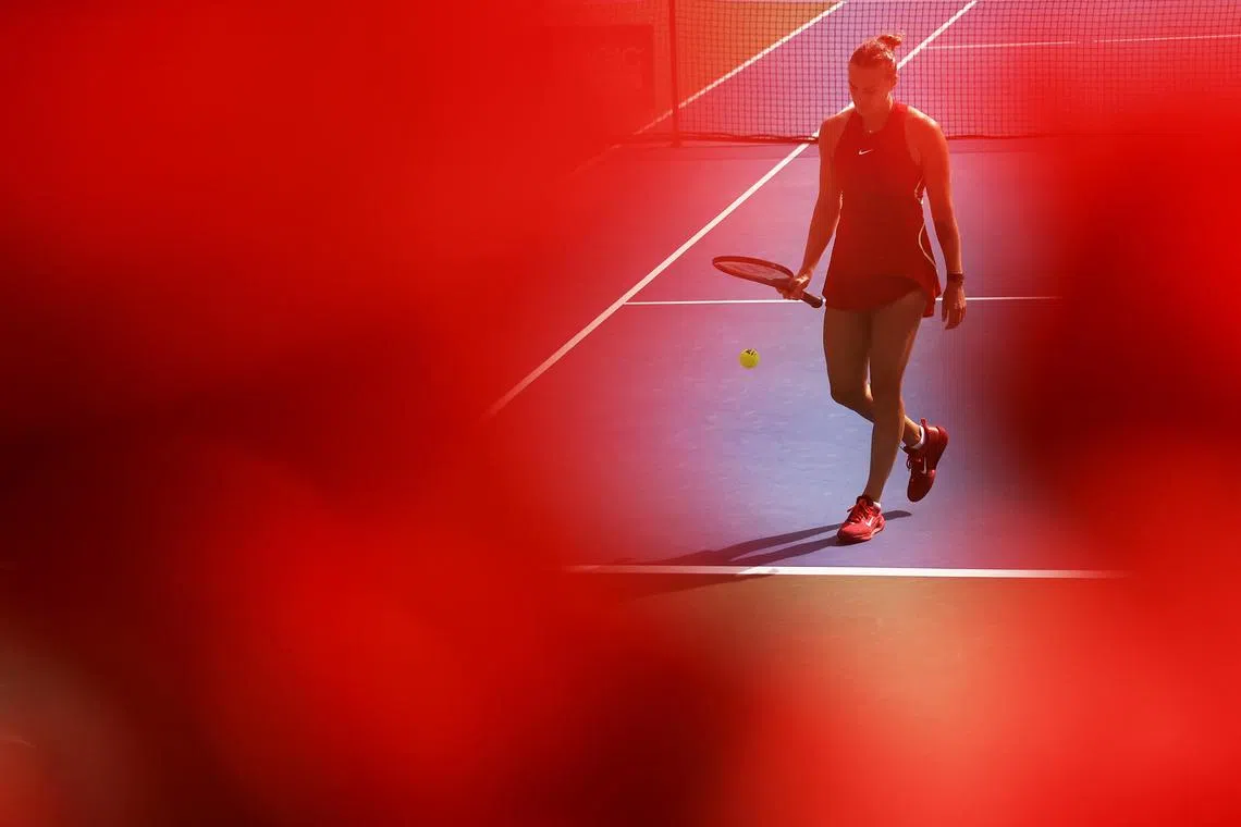 Tennis - WTA 1000 - Dubai Tennis Championships - Dubai Duty Free Tennis Centre, Dubai, United Arab Emirates - February 20, 2024 Belarus' Aryna Sabalenka during her round of 32 match against Croatia's Donna Vekic REUTERS/Amr Alfiky/FILE PHOTO