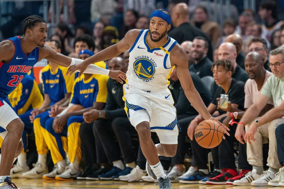 FILE PHOTO: Oct 13, 2024; San Francisco, California, USA;  Golden State Warriors guard Moses Moody (4) dribbles the basketball against Detroit Pistons guard Jaden Ivey (23) during the first quarter at Chase Center. Mandatory Credit: Neville E. Guard-Imagn Images/File Photo