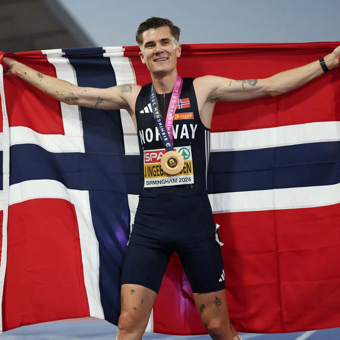 Norway’s Jakob Ingebrigtsen celebrates winning the men’s 5000m final on Aug 10, at the European Athletics Championships in Birmingham, England.