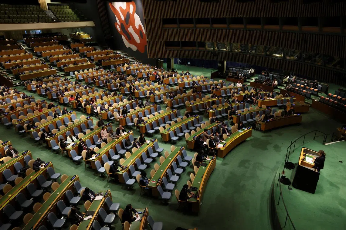 The United Nations General Assembly meets after China and Russia vetoed new sanctions on North Korea in the U.N. Security Council, at U.N. headquarters in New York City, New York, U.S., June 8, 2022. REUTERS/Mike Segar/File Photo