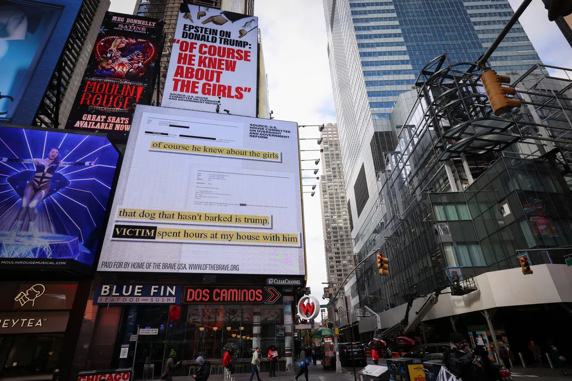 A billboard in Times Square sponsored by the group 'Home of the Brave' displays comments by Jeffrey Epstein about Donald Trump, after U.S. President Donald Trump urged his fellow Republicans in Congress to vote for the release of files related to the late convicted sex offender Jeffrey Epstein, in New York City, U.S. November 17, 2025. REUTERS/Mike Segar