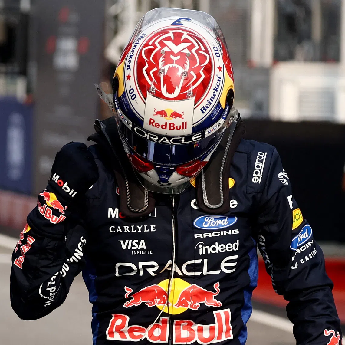 Red Bull’s Max Verstappen celebrating after qualifying in pole position on Oct 3.