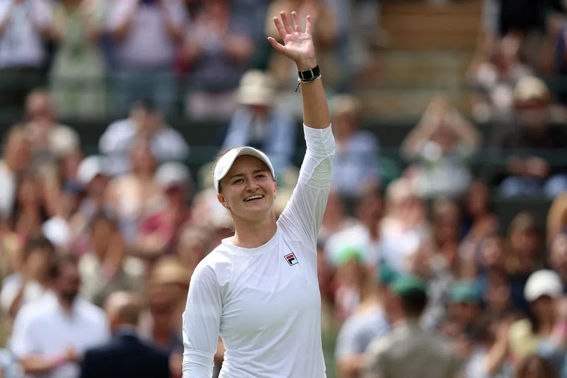 Tennis - Wimbledon - All England Lawn Tennis and Croquet Club, London, Britain - July 10, 2024 Czech Republic's Barbora Krejcikova celebrates winning her quarter final match against Latvia's Jelena Ostapenko REUTERS/Paul Childs