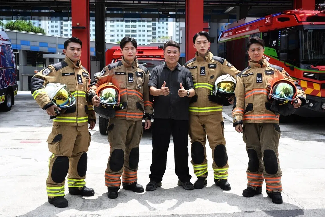 (From left) Actors Zhin Sadali, Noah Yap, Tosh Zhang and Maxi Lim, pictured with director Jack Neo (centre), have to mentor a new batch of recruits in Ah Boys To Firefighters.