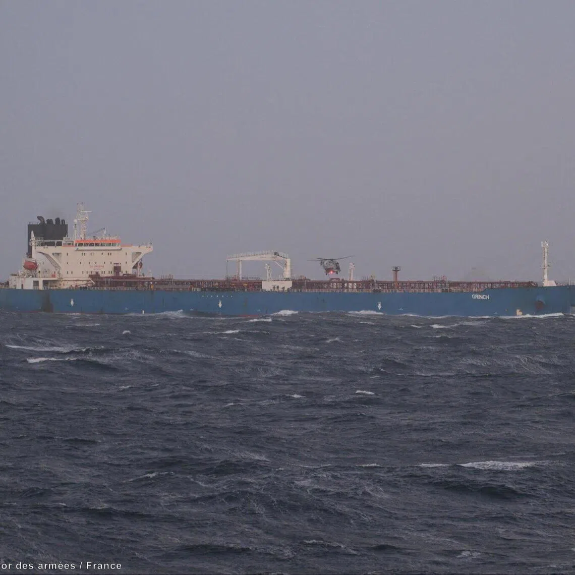 Helicopters approach a tanker in the  Mediterranean Sea, in a photo released by French defence forces.