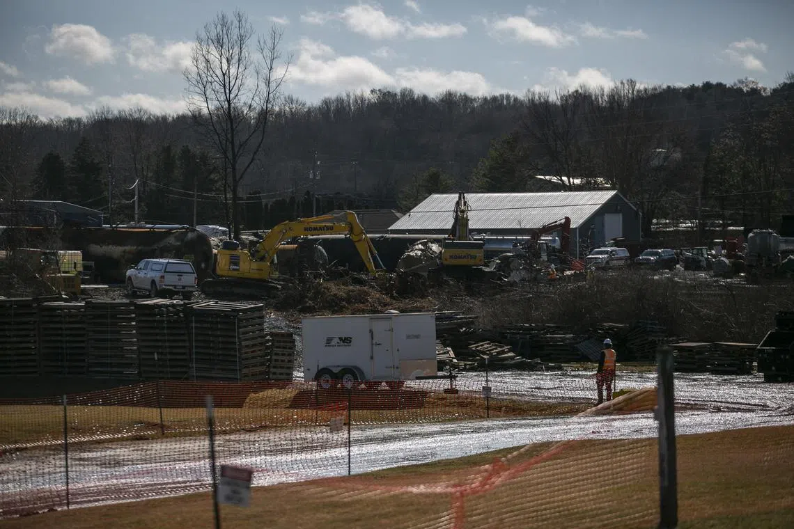 The site in East Palestine, Ohio, of the previously derailed Norfolk Southern freight train in February 2023.  