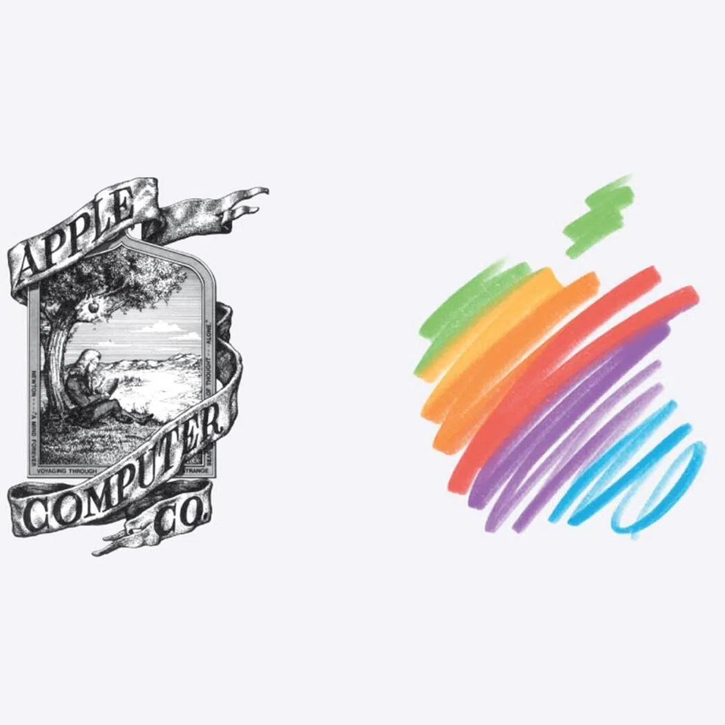 yhapple04 - First logo of Apple Inc from 1976 (left) and the logo used in their 50th Anniversary announcements (right).
Source: WIKIMEDIA COMMONS, APPLE