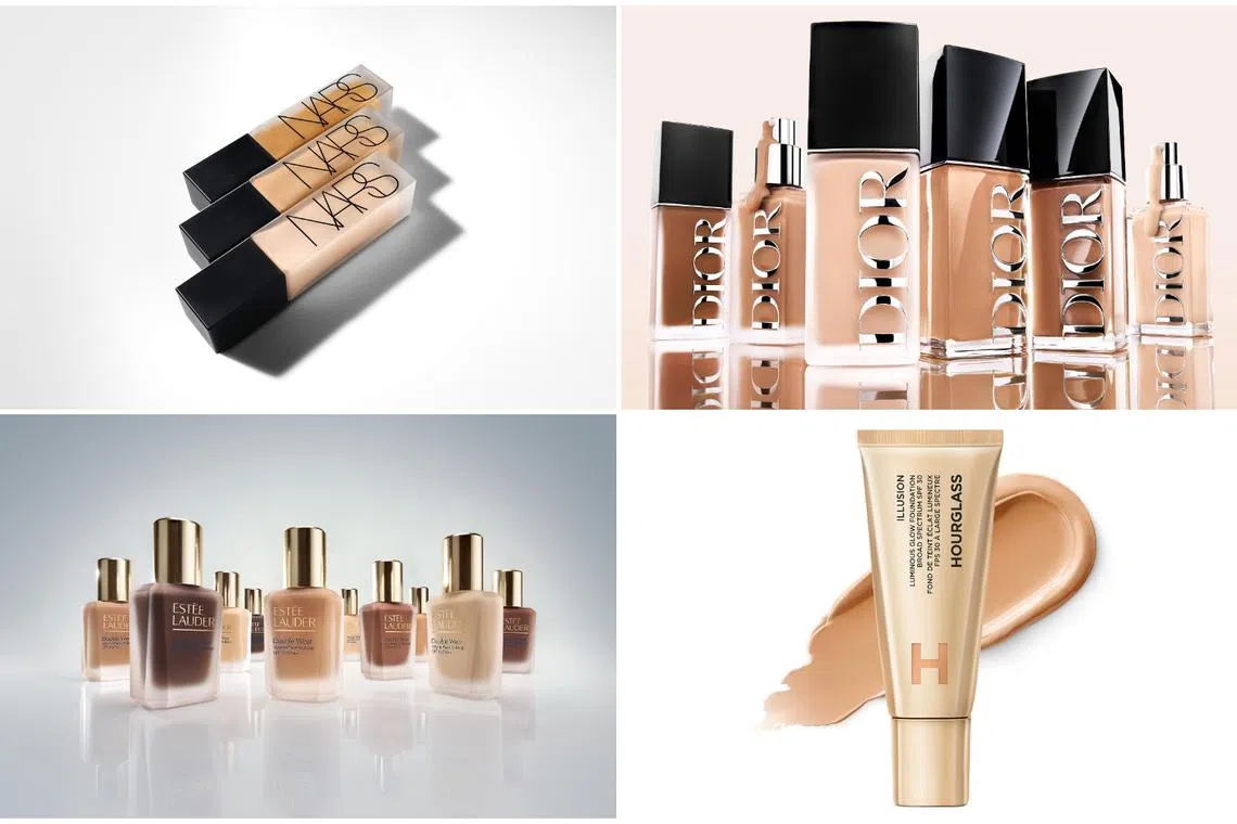 (Clockwise from top left) Nars Natural Matte Longwear Foundation, Dior Forever Skin Glow Foundation, Hourglass Illusion Luminous Glow Foundation, and Estee Lauder Double Wear Foundation.