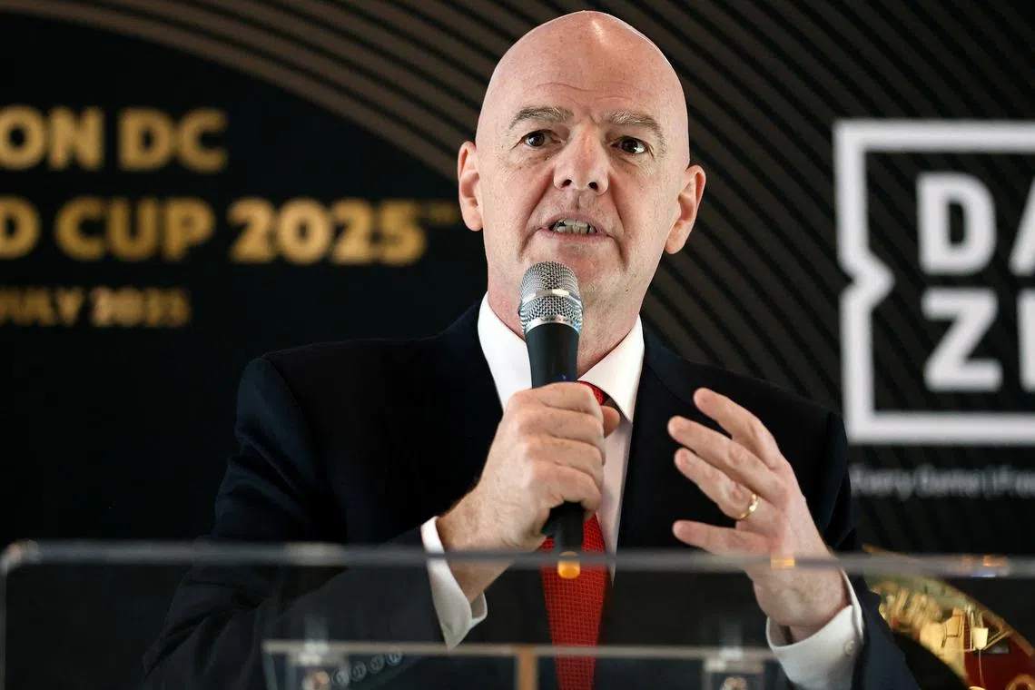 FILE PHOTO: Apr 16, 2025; Washington, DC, USA; FIFA president Gianni Infantino speaks during a FIFA Club World Cup press conference at Audi Field. Mandatory Credit: Daniel Kucin Jr.-Imagn Images/File Photo