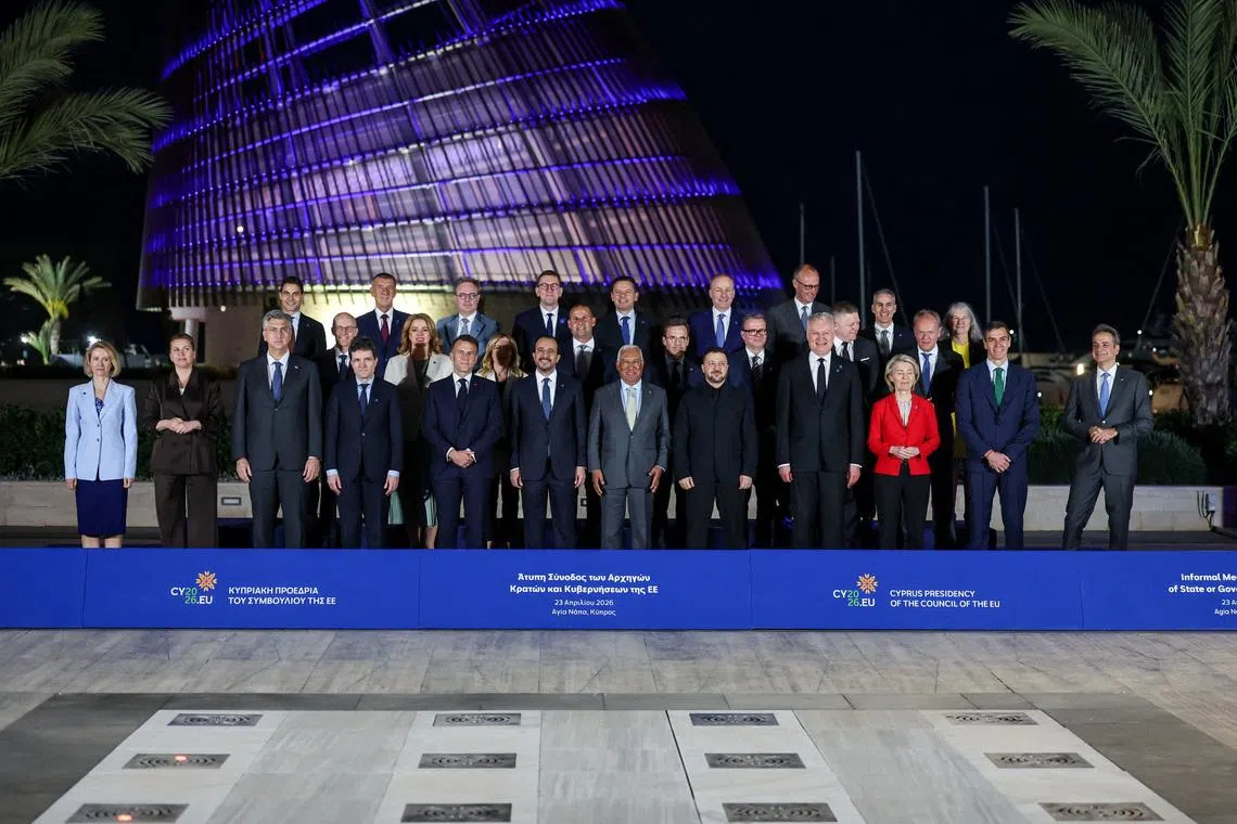 Ukraine's President Volodymyr Zelenskiy poses with European Union leaders at the start of an informal European leaders' summit in Ayia Napa, Cyprus April 23, 2026. REUTERS/Yves Herman
