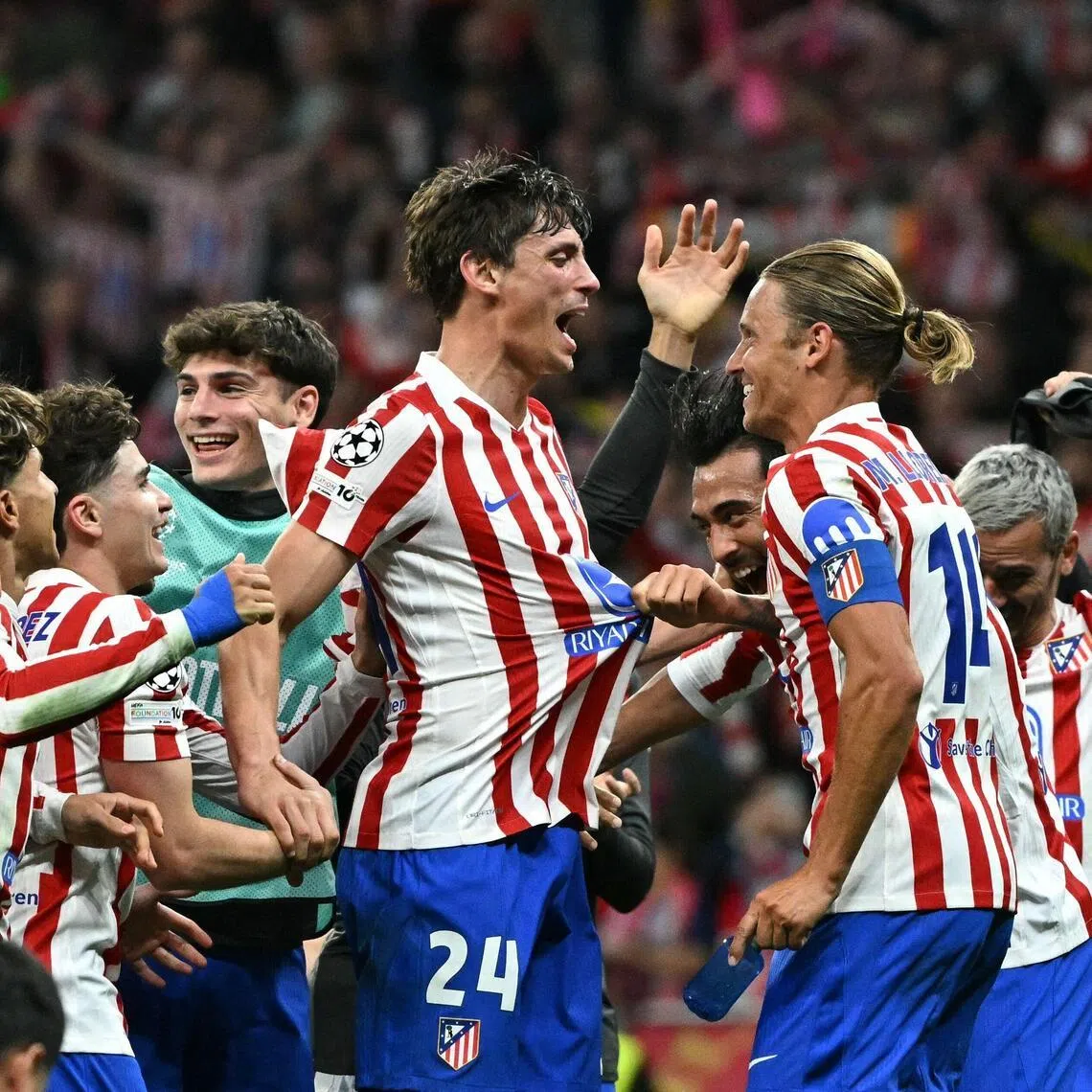 Atletico Madrid's Robin Le Normand (centre) and teammates celebrating after the Champions League quarter final, second leg match against Barcelona on April 14.