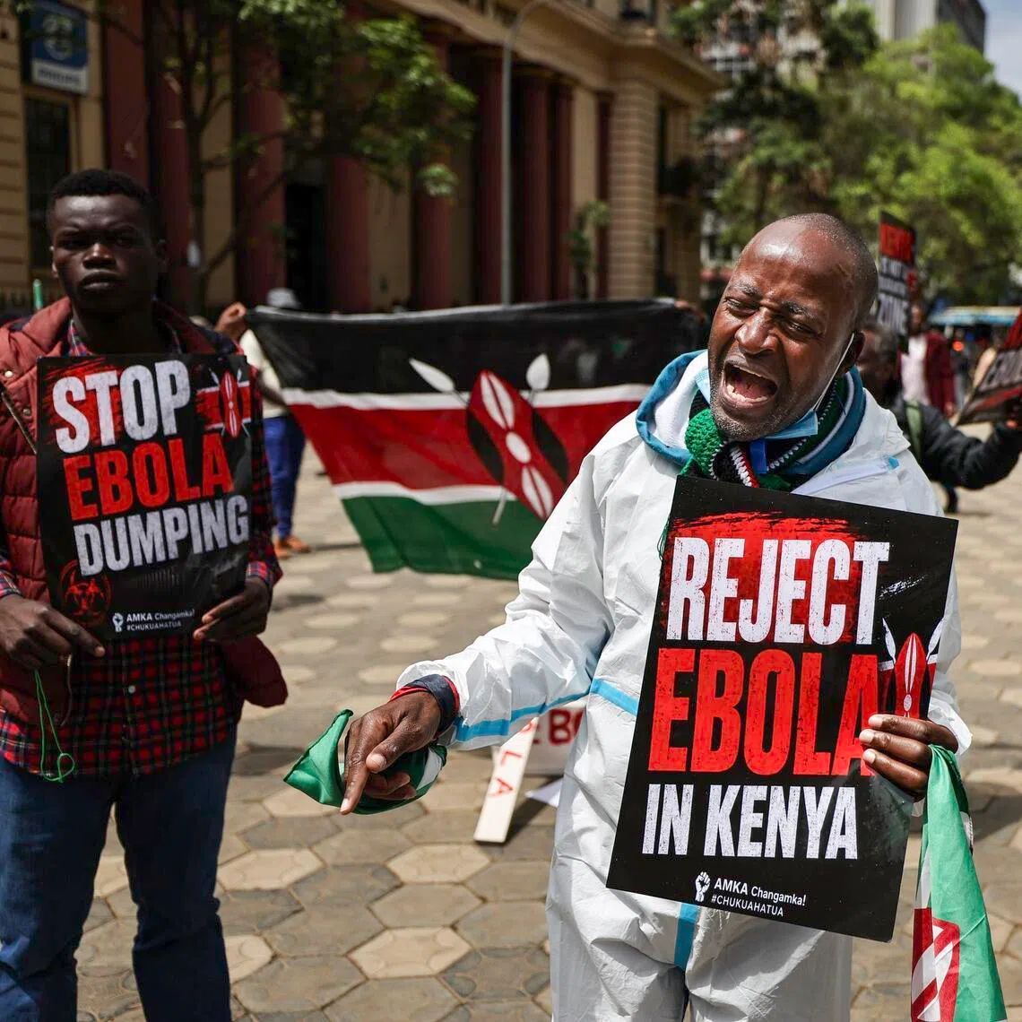 An activist protesting against the US Ebola facility under construction in Nairobi, Kenya, on June 2.