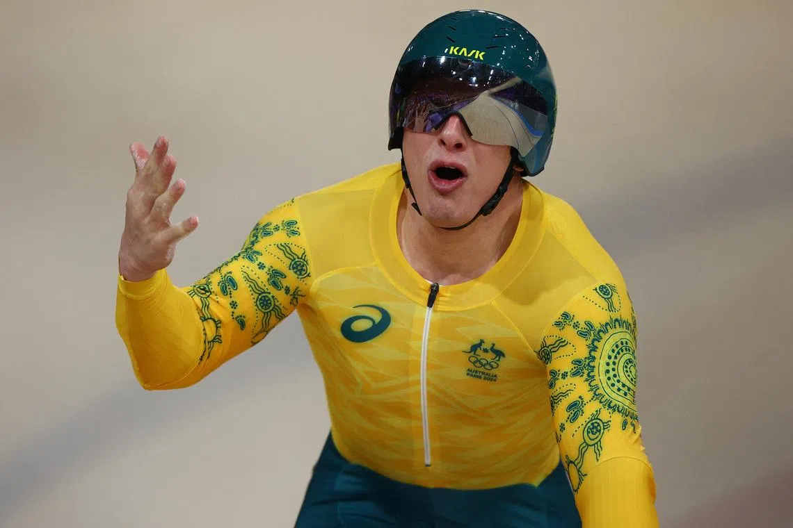Paris 2024 Olympics - Track Cycling - Men's Sprint, Semifinals - Race 2 - Saint-Quentin-en-Yvelines Velodrome, Montigny-le-Bretonneux, France - August 09, 2024. Matthew Richardson of Australia reacts after winning heat 2. REUTERS/Agustin Marcarian/File Photo