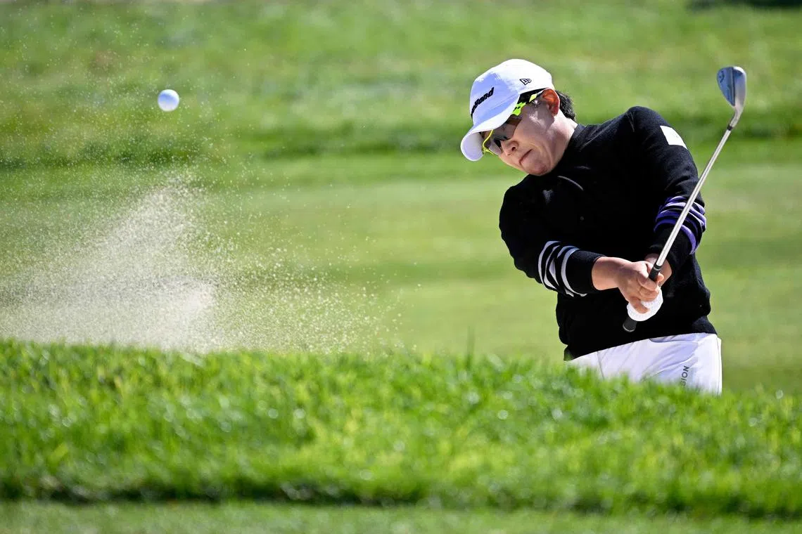 Shin Ji-yai hitting from the bunker on the 16th hole during the third round of the Seri Pak Championship at Palos Verdes Golf Club on March 23.