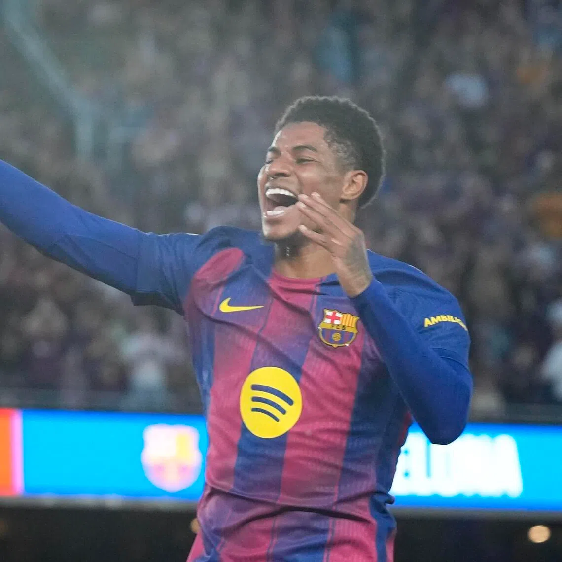 Barcelona's Marcus Rashford celebrates after scoring during the 4-1 La Liga win over Espanyol at the Nou Camp on April 11, 2026.
