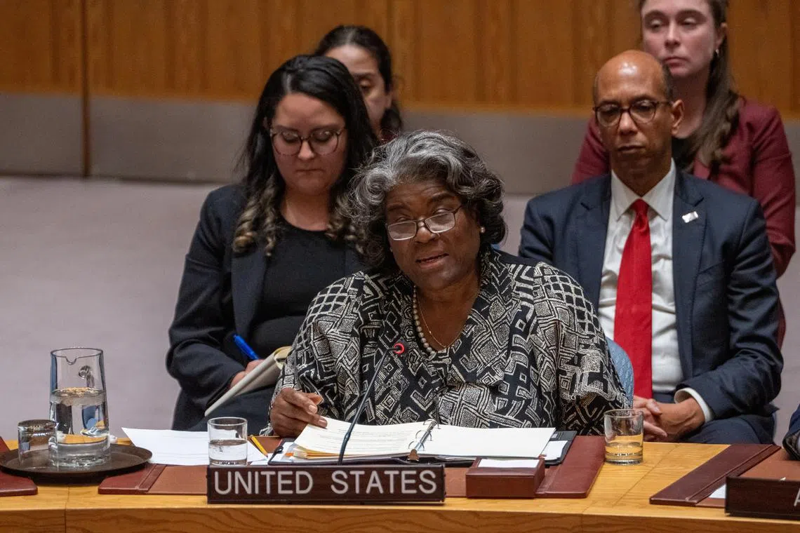 U.S. Ambassador to the United Nations Linda Thomas-Greenfield speaks during a meeting of the United Nations Security Council on the conflict between Israel and the Palestinian Islamist group Hamas, at U.N. headquarters in New York, U.S., March 11, 2024.   REUTERS/David 'Dee' Delgado/File Photo