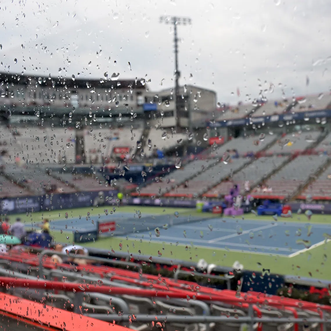 Aug 2, 2026; Montreal, Qc, Canada; Storm watch and rain delay during first round play at IGA Stadium. Mandatory Credit: Eric Bolte-Imagn Images