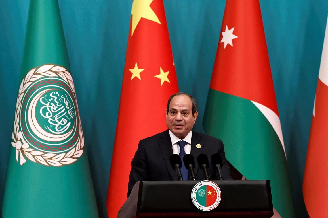 Egyptian President Abdel Fattah al-Sisi delivers a speech at the opening ceremony of the 10th ministerial meeting of the China-Arab States Cooperation Forum, at the Diaoyutai State Guesthouse in Beijing, China, May 30, 2024. REUTERS/Tingshu Wang/Pool
