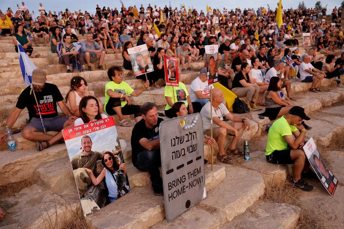 Family members and supporters of hostages who were kidnapped by Hamas on Oct 7 take part in a ceremony on Aug 28 aimed at getting the Israeli government to bring home the remaining hostages from Gaza.