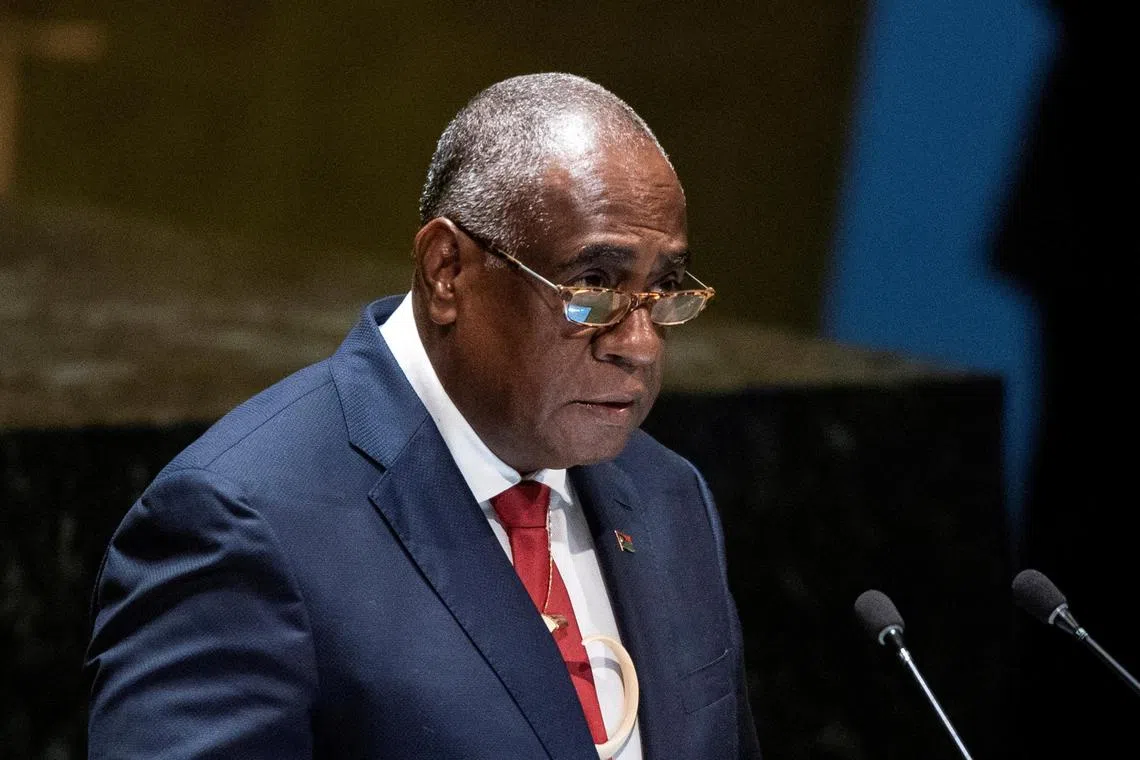 Vanuatu Prime Minister Ishmael Kalsakau delivers a speech before the UN General Assembly in New York, on March 29, 2023.
