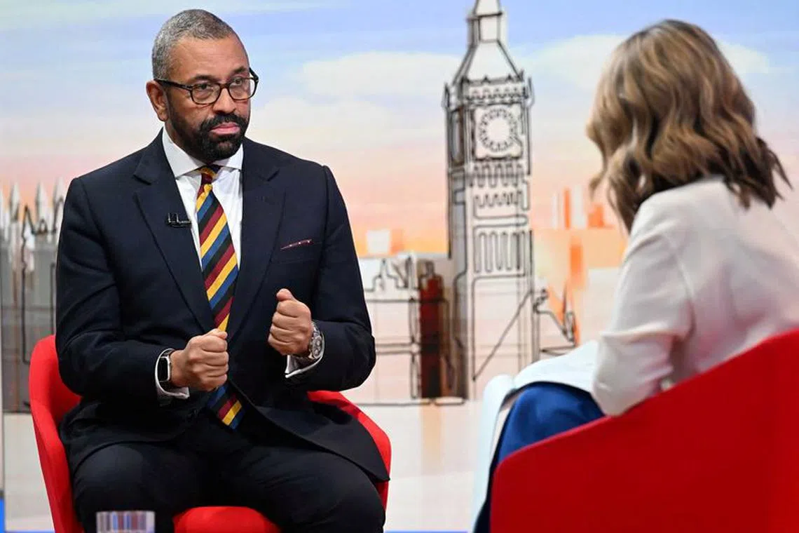 British Foreign Secretary James Cleverly appears on BBC's \"Sunday presented by Laura Kuenssberg\", in London, Britain October 15, 2023. Victoria Derbyshire is presenting this week. Jeff Overs/BBC/Handout via REUTERS