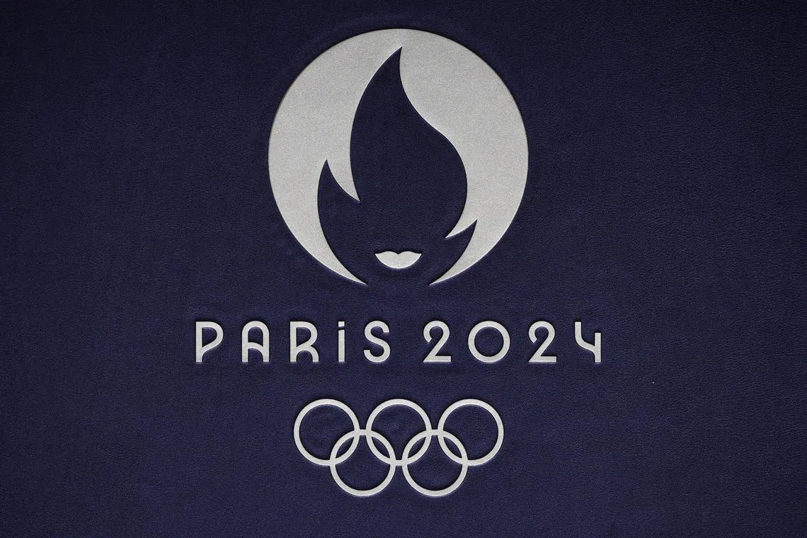 FILE PHOTO: Paris 2024 Olympics - Team France unveils Olympics Opening Ceremony Outfits - Grand Palais Ephemere, Paris, France - April 17, 2024 The logo of the Paris 2024 Olympics is seen before the event REUTERS/Benoit Tessier/File Photo