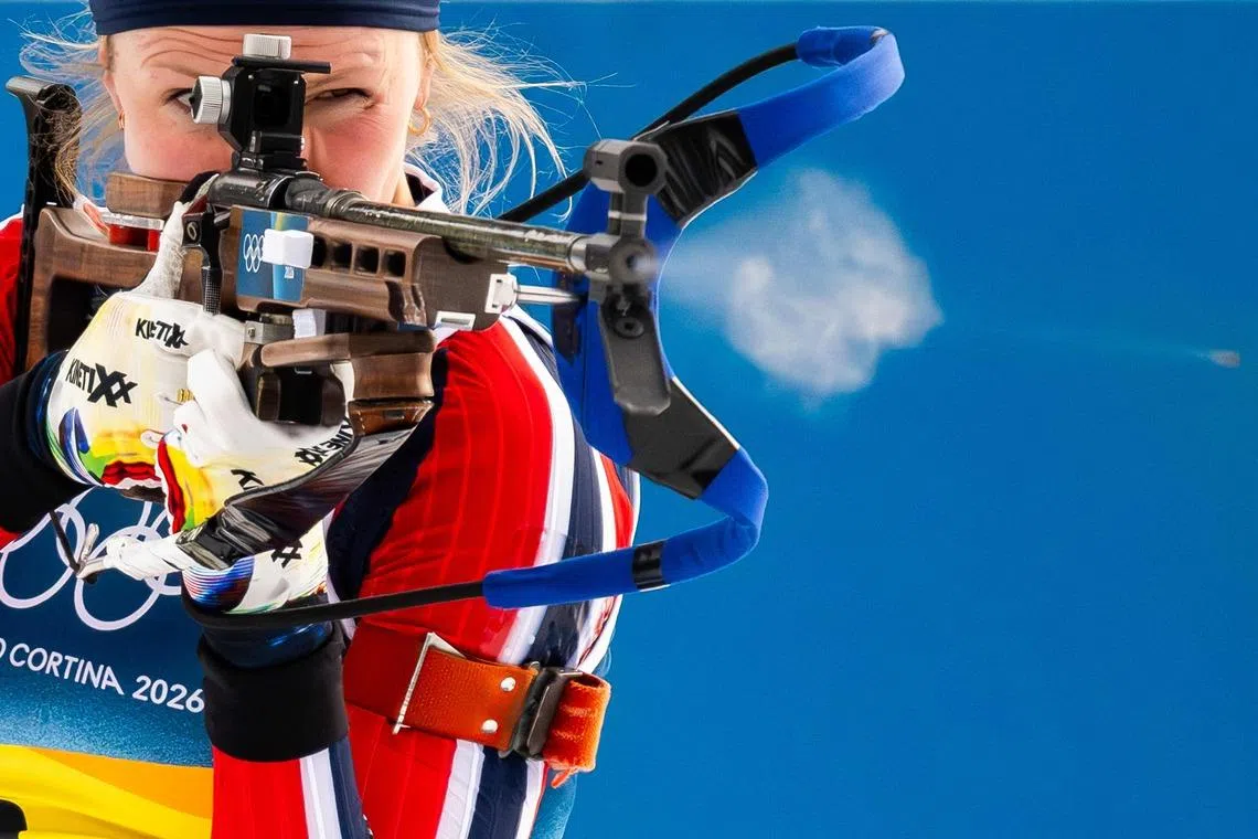 Norway's Karoline Offigstad Knotten shooting in the women's biathlon 4x6km relay event during the Milano Cortina 2026 Winter Olympic Games, at the Anterselva Biathlon Arena in Anterselva, Italy, on Feb 18, 2026. 