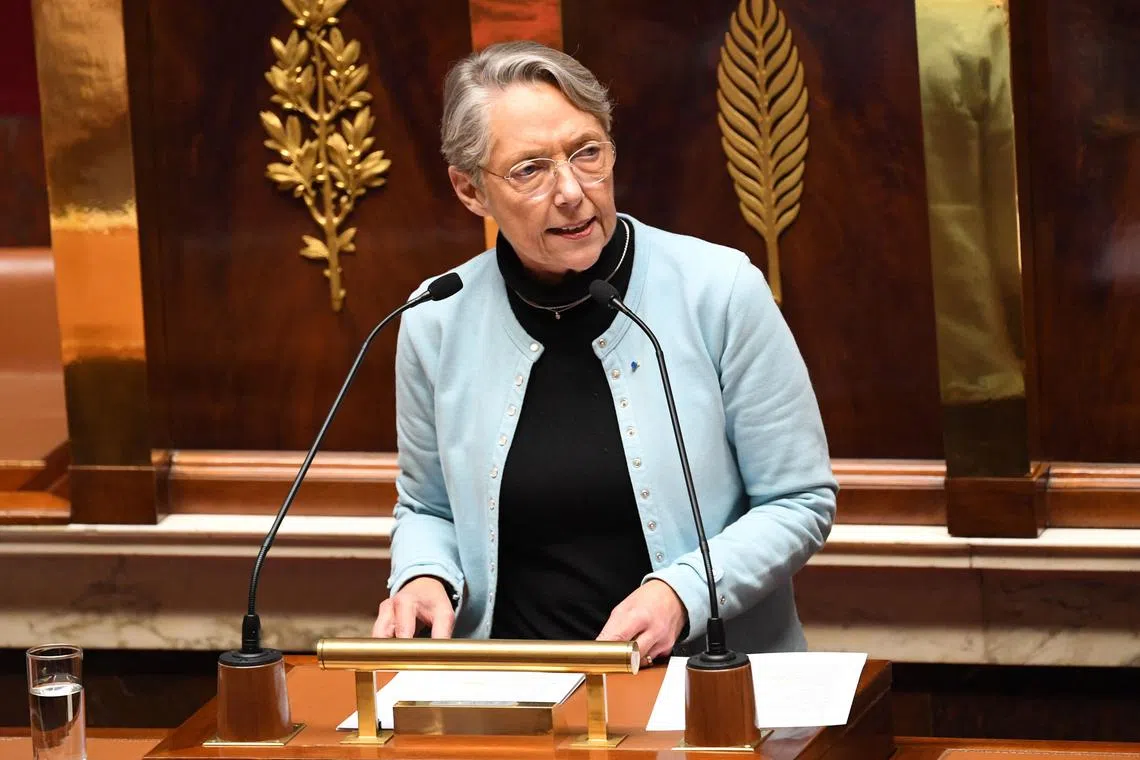 French Prime Minister Elisabeth Borne delivers a speech prior to the vote of two motions of no confidence at the French National Assembly.