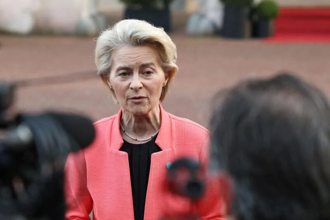 European Commission President Ursula von der Leyen reacts as she speaks to the media as she leaves after attending a summit held at Lancaster House in central London on March 2, 2025. UK Prime Minister Keir Starmer on March 2, 2025 warned that European security faced a once-in-a-generation moment, as he hosted crisis talks in London on the Russian invasion of Ukraine, just days after a Kyiv-Washington clash. Eighteen allies were gathered on the key question of security guarantees for Ukraine, all the more pressing after US President Donald Trump berated his Ukrainian counterpart Volodymyr Zelensky in an unprecedented White House blow-up. (Photo by Toby Melville / POOL / AFP)