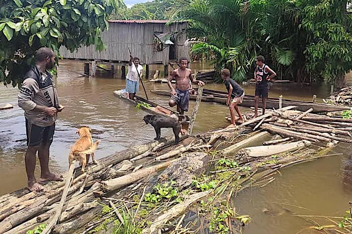 Locals on a makeshift bridge in the flooded Angriman village in Angoram district, Papua New Guinea. 