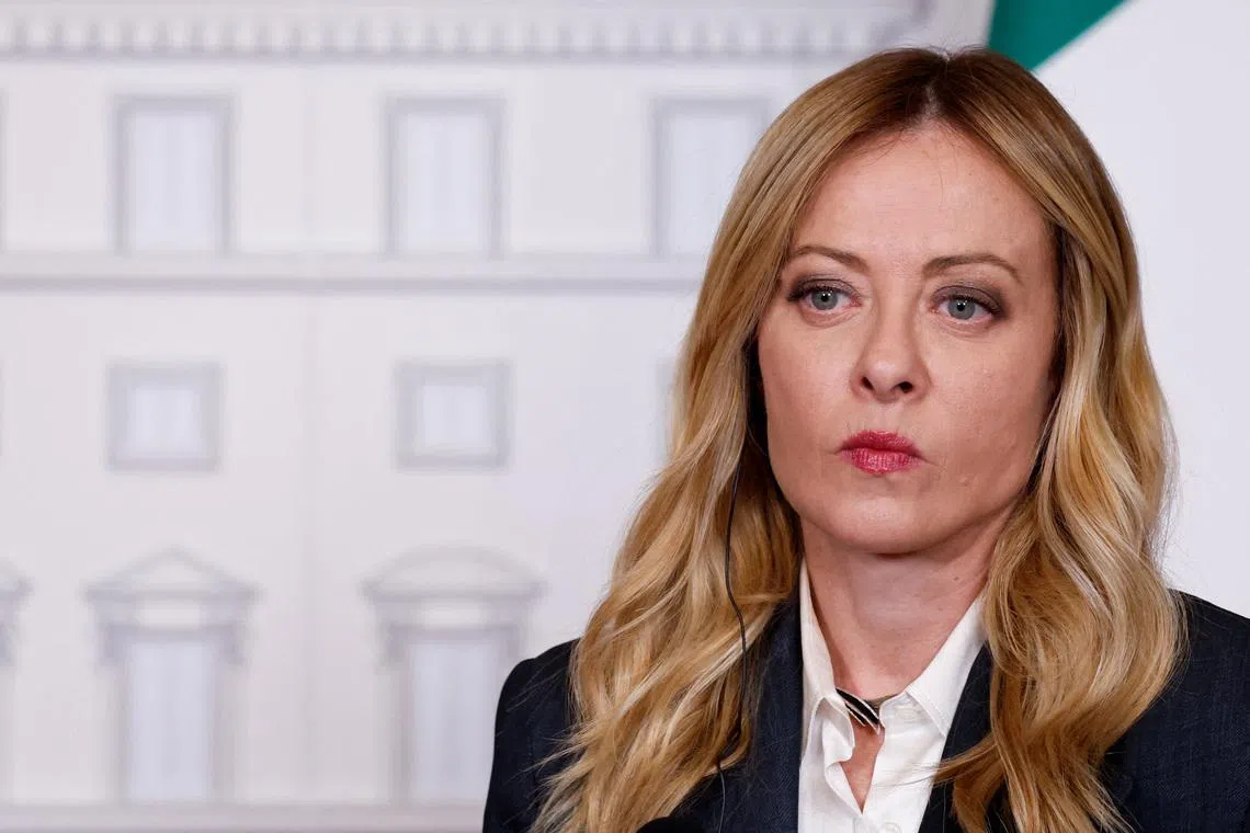 Italian Prime Minister Giorgia Meloni attends a joint press conference with Ukraine's President Volodymyr Zelenskiy (not pictured) at Chigi Palace, in Rome, Italy, April 15, 2026.