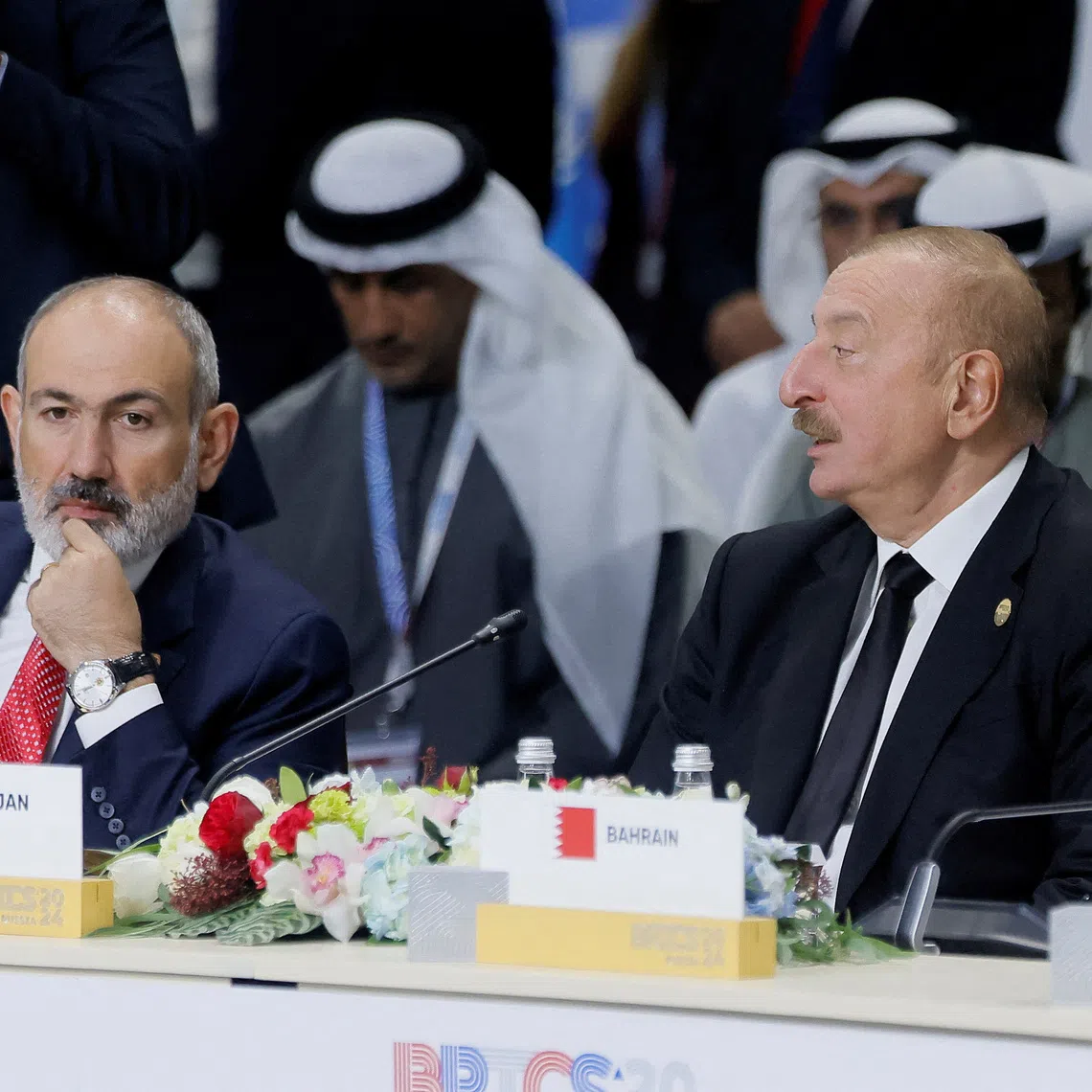 FILE PHOTO: Azerbaijan's President Ilham Aliyev and Armenia's Prime Minister Nikol Pashinyan attend a plenary session in the outreach/BRICS Plus format at the BRICS summit in Kazan, Russia October 24, 2024. REUTERS/Maxim Shemetov/Pool/File Photo