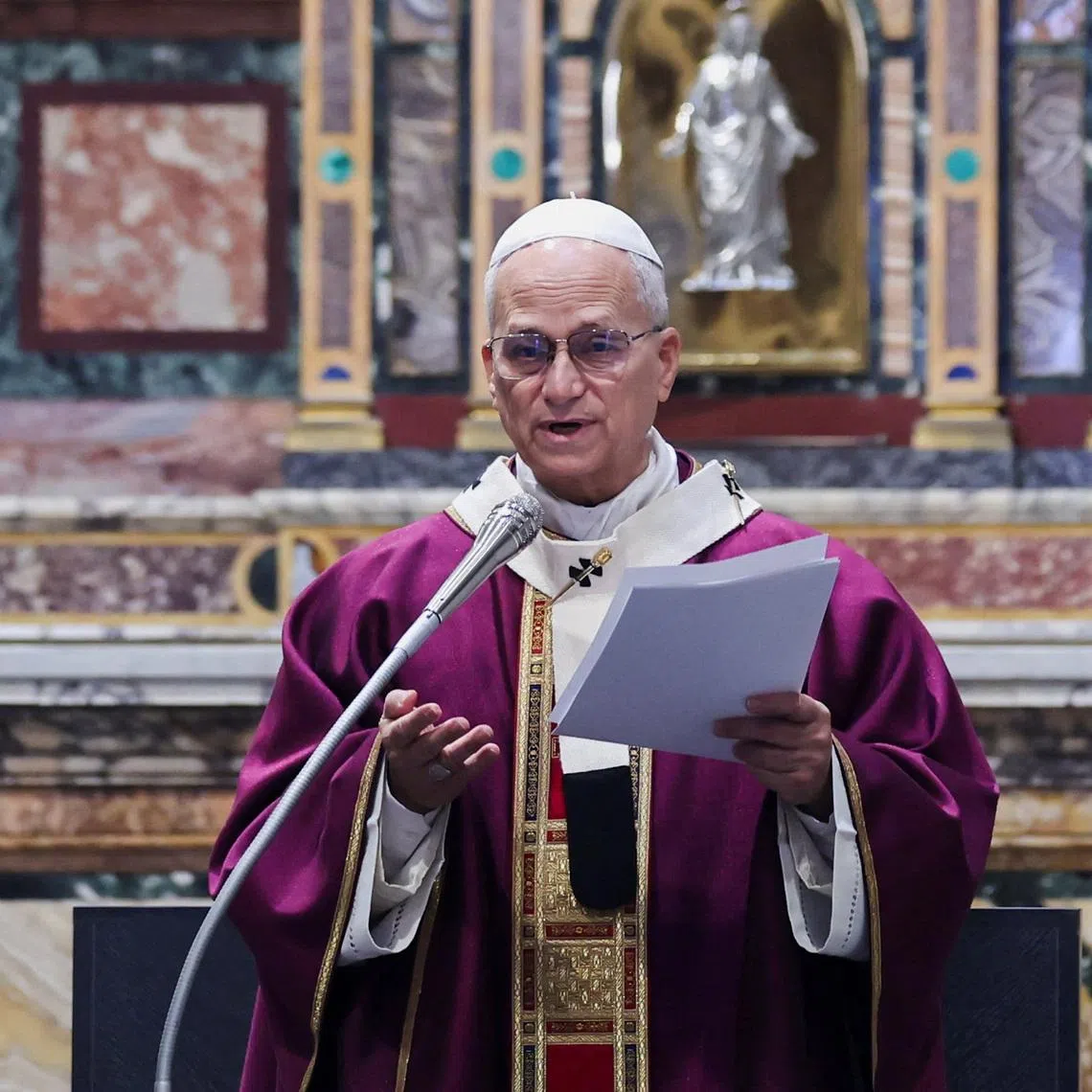 Pope Leo XIV speaks as he celebrates Mass in the parish of the Sacred Heart of Jesus in Castro Pretorio, Rome, Italy, February 22, 2026. REUTERS/Vincenzo Livieri