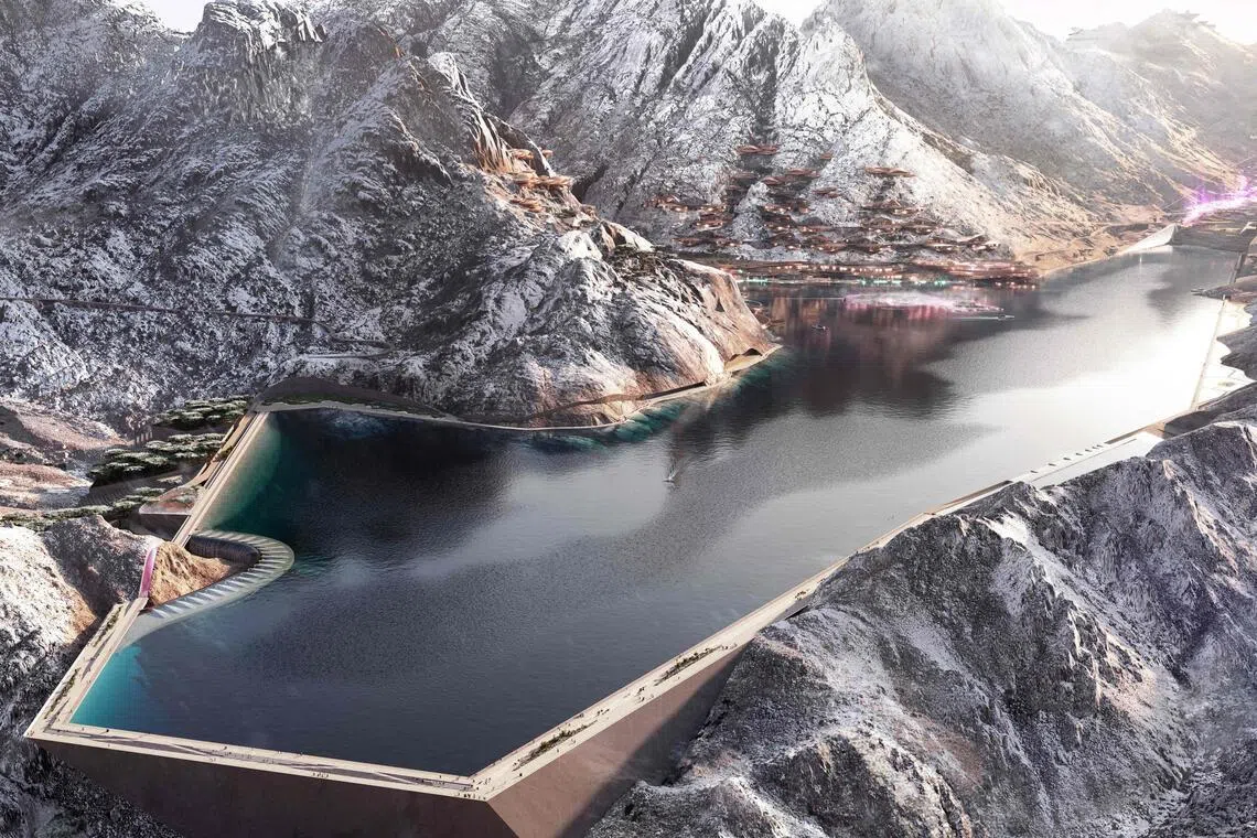 The design plan for Trojena, an area in Saudi Arabia's planned megacity of Neom which has been chosen to host the 2029 Asian Winter Games. The event has since been postponed to a later date, the Olympic Council of Asia and the Saudi Arabian Olympic Committee announced in a joint statement on Jan 24.