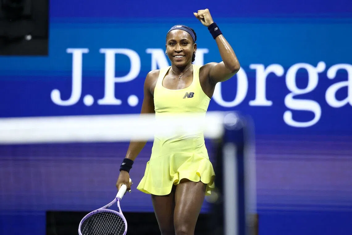 USA's Coco Gauff celebrates after victory during the women's singles second round tennis match against Spain's Paula Badosa on day five of the US Open tennis tournament at the USTA Billie Jean King National Tennis Center in New York City on September 3, 2026. (Photo by CHARLY TRIBALLEAU / AFP)