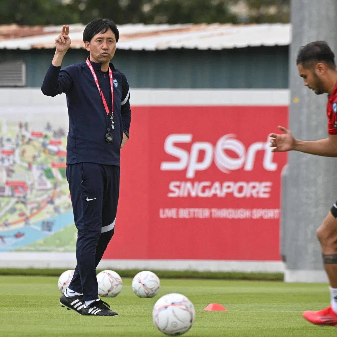 Lions coach Takayuki Nishigaya during the national football team's training session at Kallang Football Hub on Wednesday. 